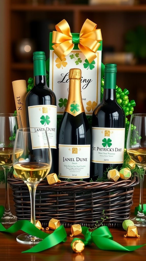 A St. Patrick's Day gift basket featuring assorted wines with green bows and a festive card.