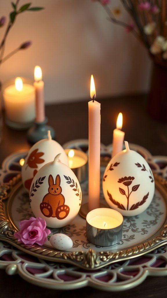 Decorative stenciled candles shaped like eggs, surrounded by smaller candles and flowers.