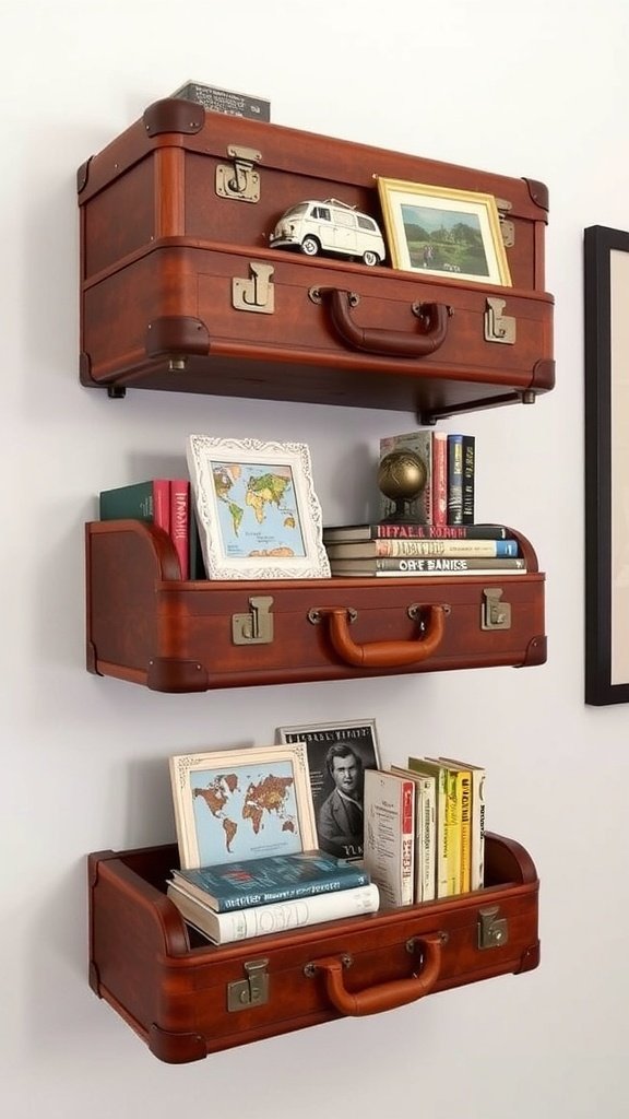 Floating shelves made from vintage suitcases displaying books and decor