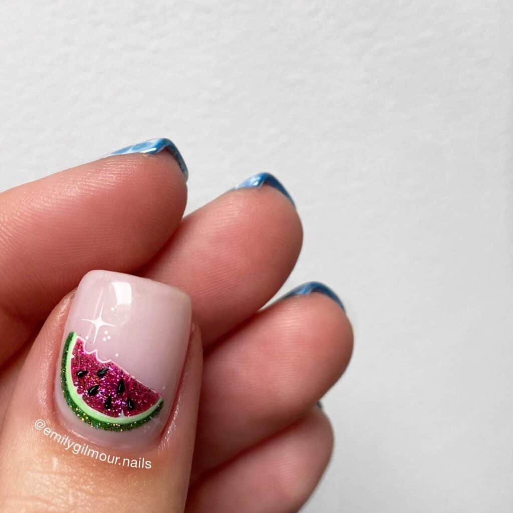 Cheerful watermelon nails with vivid summer shades of pink and green, highlighted by fun black seed accents, ideal for a refreshing summer style.