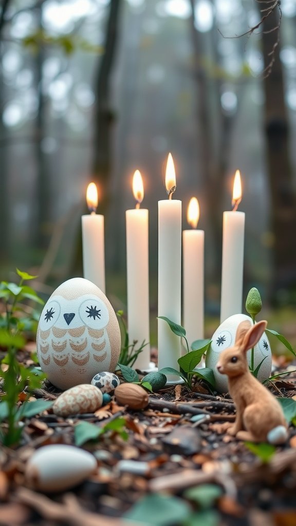 Woodland creature egg candles with a bunny and owl in a forest setting