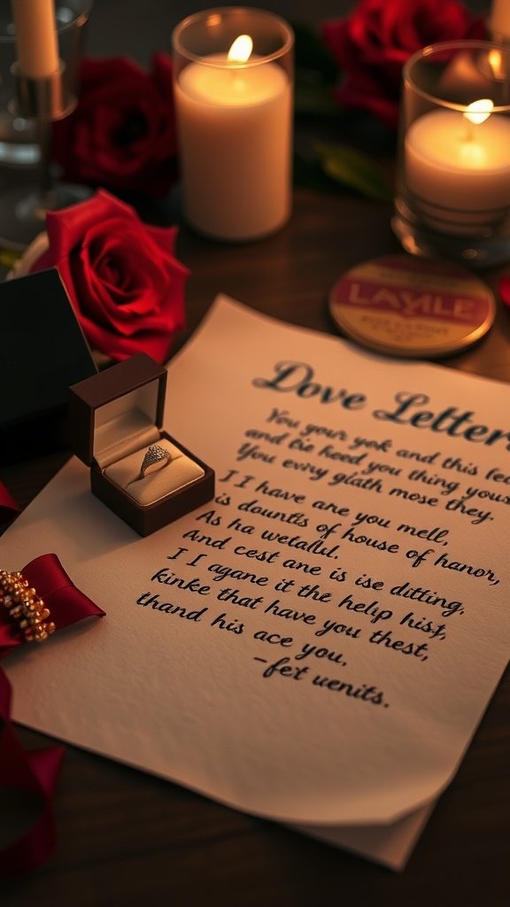 A romantic setup featuring a love letter, a ring in a box, candles, and red roses.