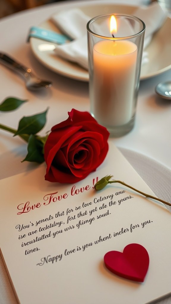 A romantic setting with a love letter, a red rose, and a lit candle on a table.