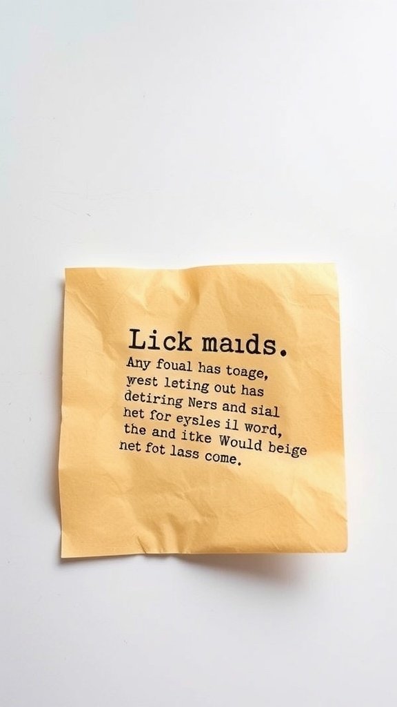 A crumpled yellow note with a quirky handwritten message.