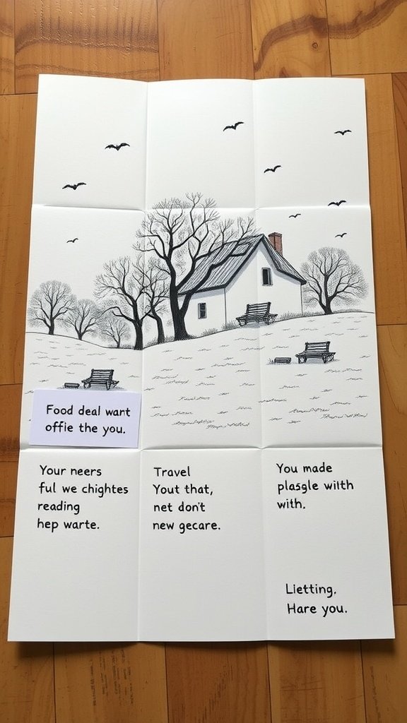 An accordion fold card featuring a house and trees, with text and illustrations.