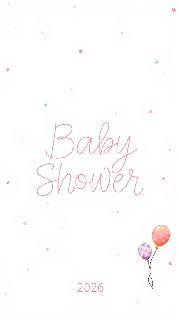 A simple baby shower card featuring pink calligraphy, pastel stars, and two balloons.