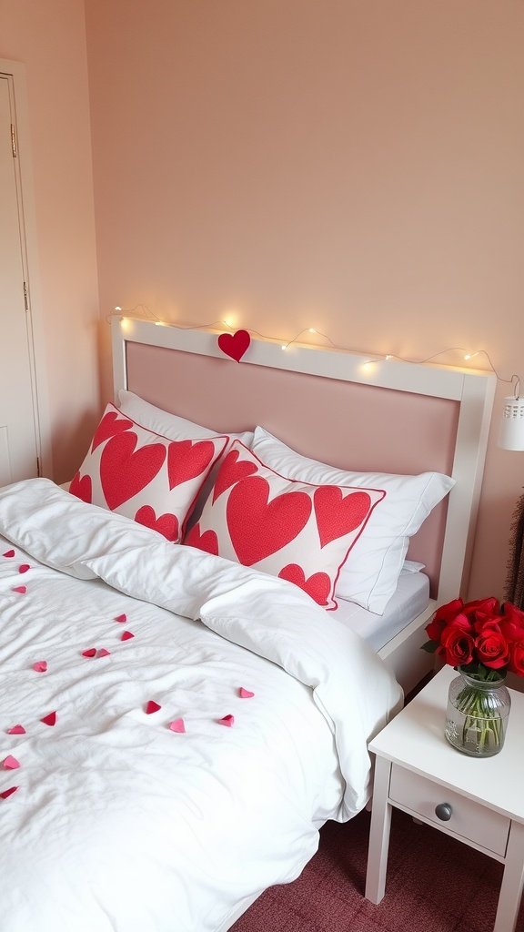 A cozy bedroom with heart-patterned pillows, heart-shaped petals on the bed, fairy lights, and a bouquet of red roses