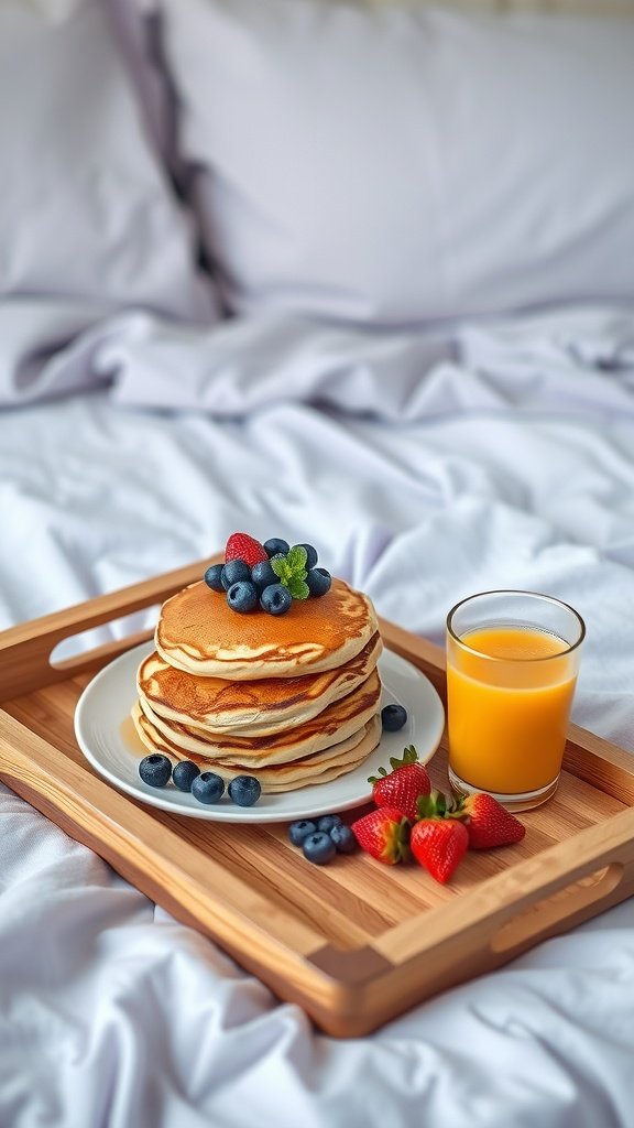 A delightful breakfast tray with fluffy pancakes topped with blueberries and strawberries, accompanied by a glass of orange juice, set on a cozy bed.