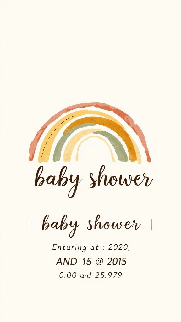 A boho-style baby shower invitation featuring a watercolor rainbow and elegant text