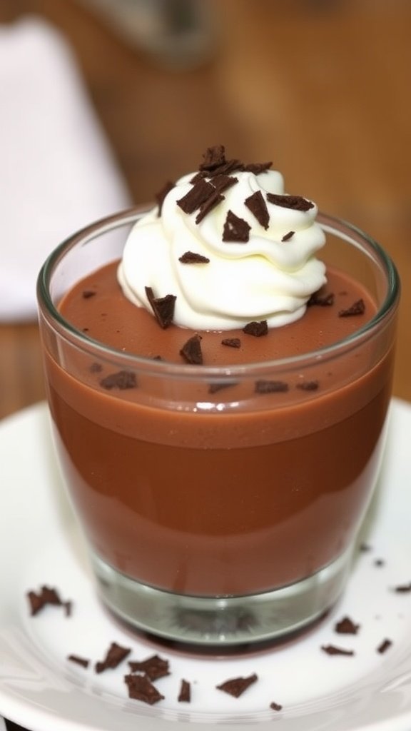 A glass of chocolate mousse topped with whipped cream and chocolate shavings