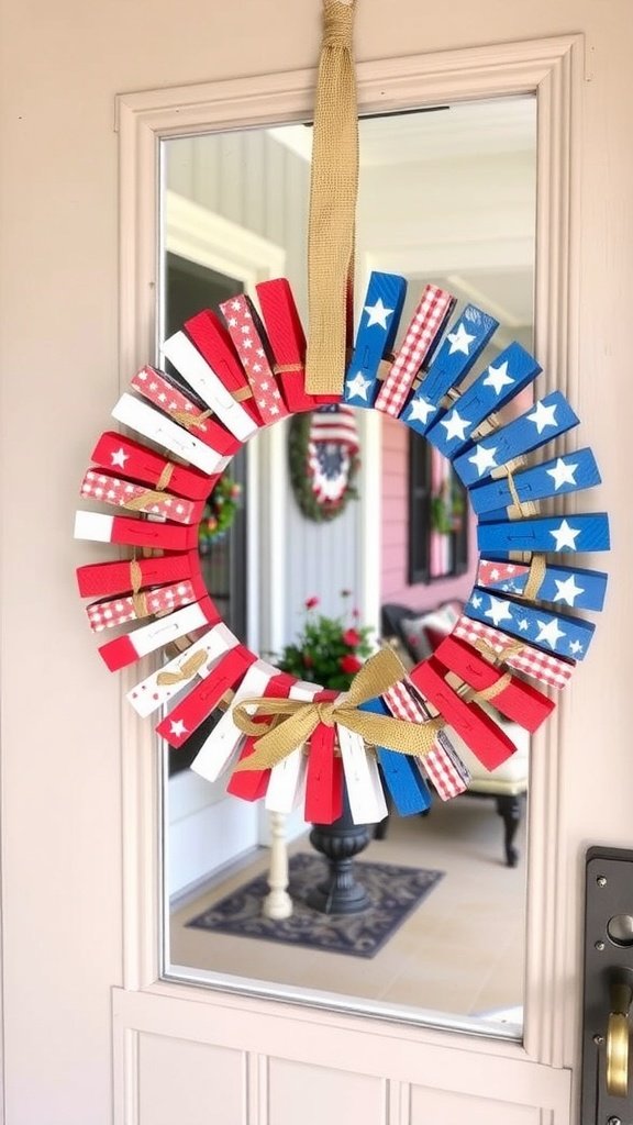 A colorful clothespin flag wreath made with red, white, and blue painted clothespins, adorned with a burlap bow, hanging on a door.