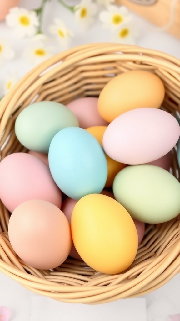 A basket filled with colorful pastel dyed eggs in shades of pink, blue, green, and yellow.