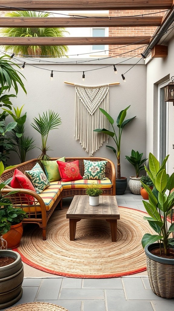 Cozy bohemian outdoor patio with a wicker sofa, colorful cushions, plants, and string lights.