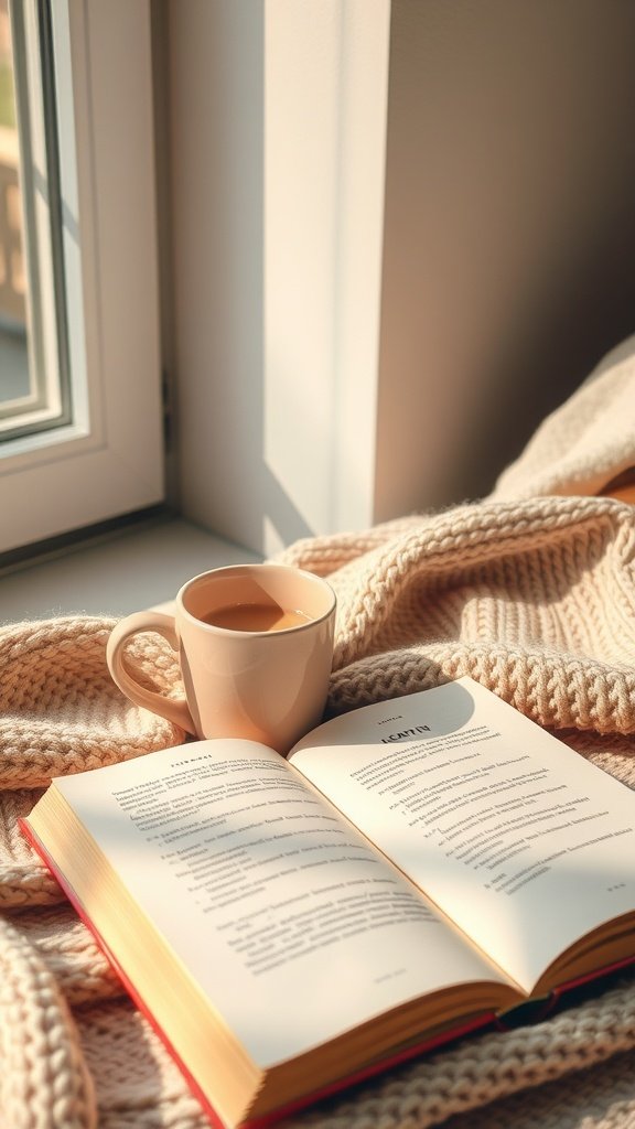 A cozy scene with an open book and a cup of coffee on a knit blanket by the window.