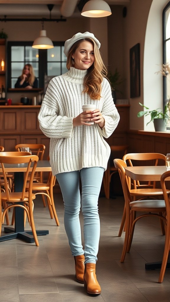 A woman in a cozy oversized sweater, skinny jeans, and ankle boots, holding a coffee cup in a café.