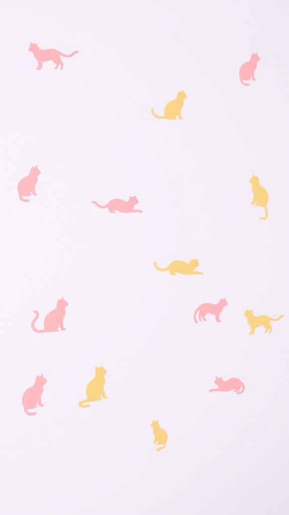 Silhouettes of cats in pink and yellow on a light lavender background.