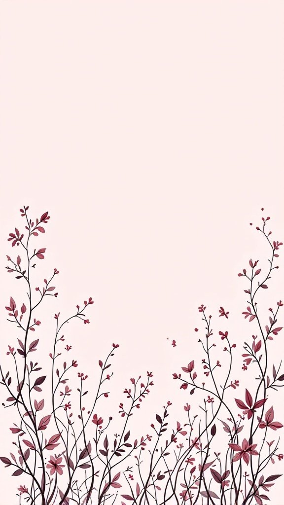 A wallpaper featuring delicate botanical sketches in dusty pink and mauve tones.