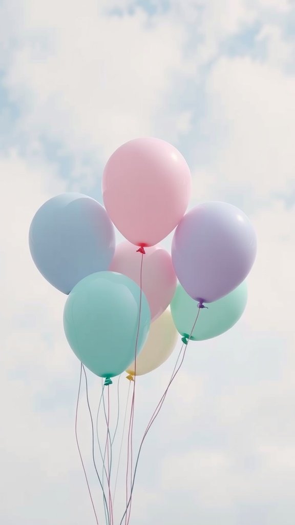 Pastel balloons floating against a blue sky with clouds