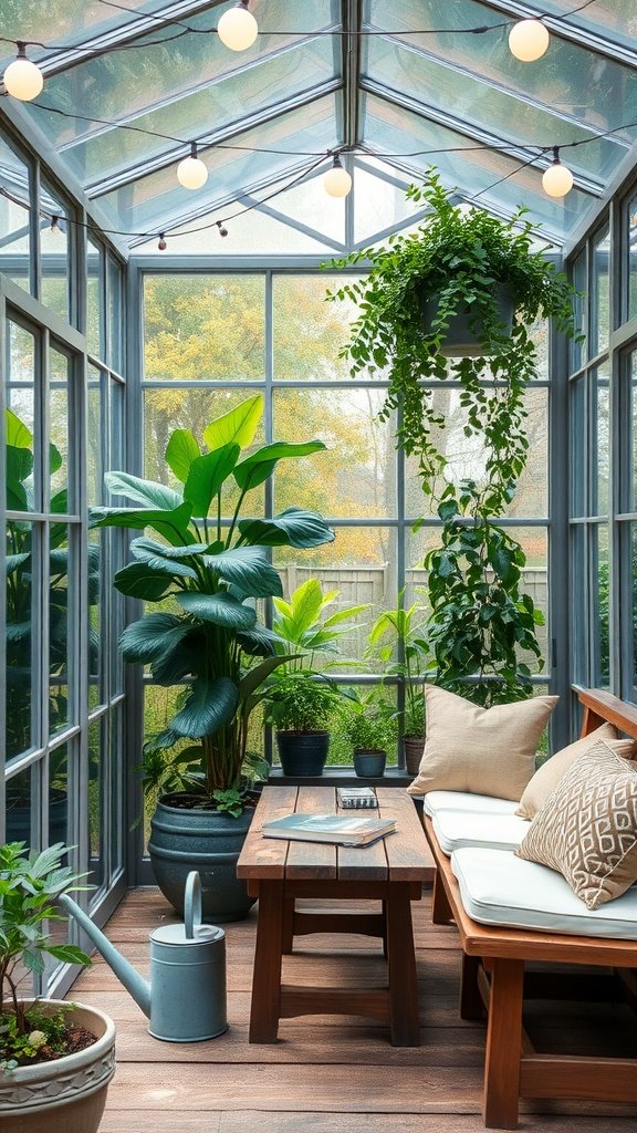 An enclosed greenhouse patio featuring plants, a wooden table, and comfortable seating.