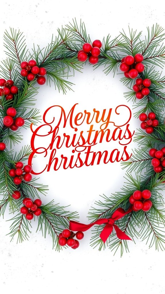 A festive holiday greeting card featuring a wreath of evergreen branches and red berries with the text 'Merry Christmas'