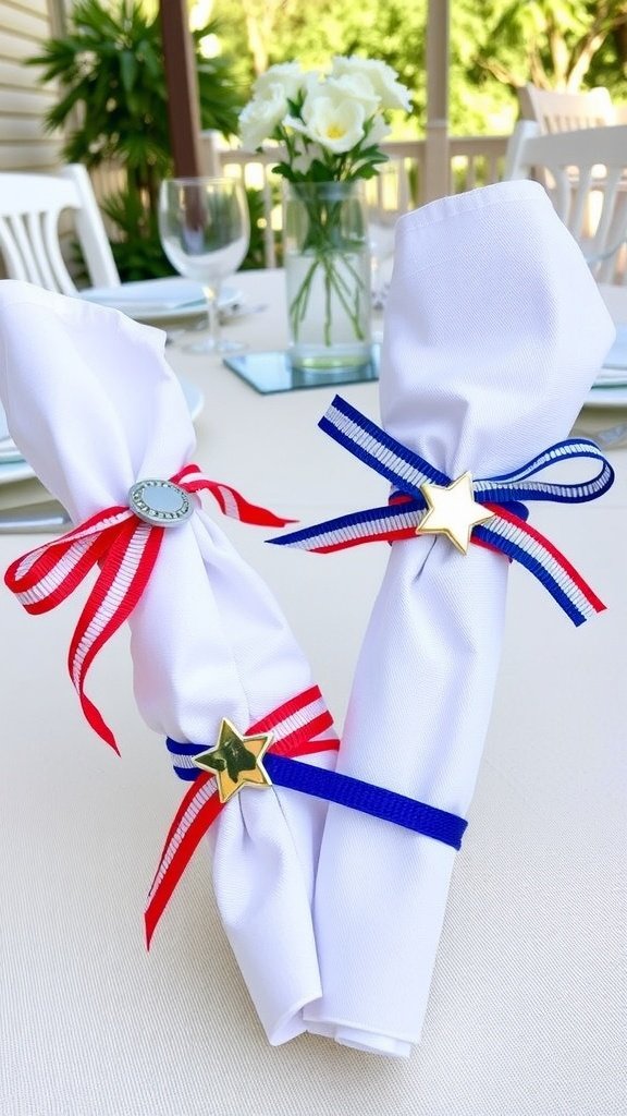 Two white napkins wrapped with red and blue ribbons and star embellishments, set on a festive table.