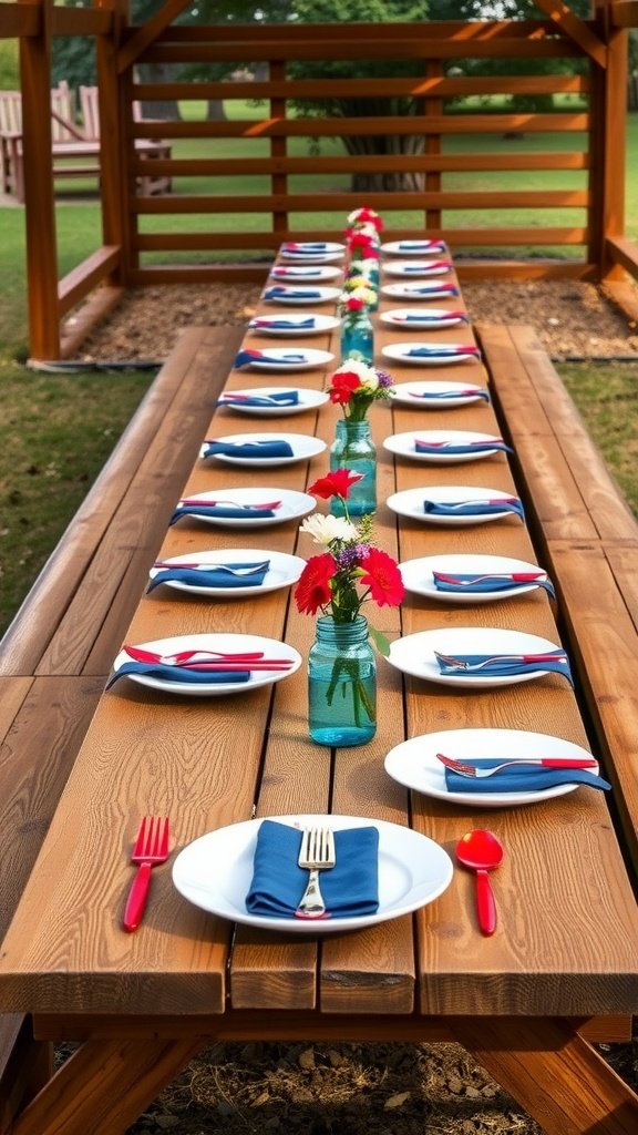 A long picnic table set with red, white, and blue plates, utensils, and flowers, ready for a Fourth of July celebration.