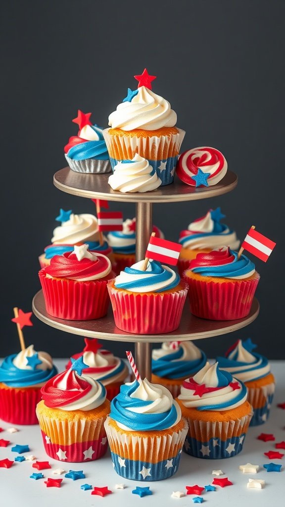 A festive cupcake tower decorated for the Fourth of July with red, white, and blue cupcakes, topped with stars and flags.