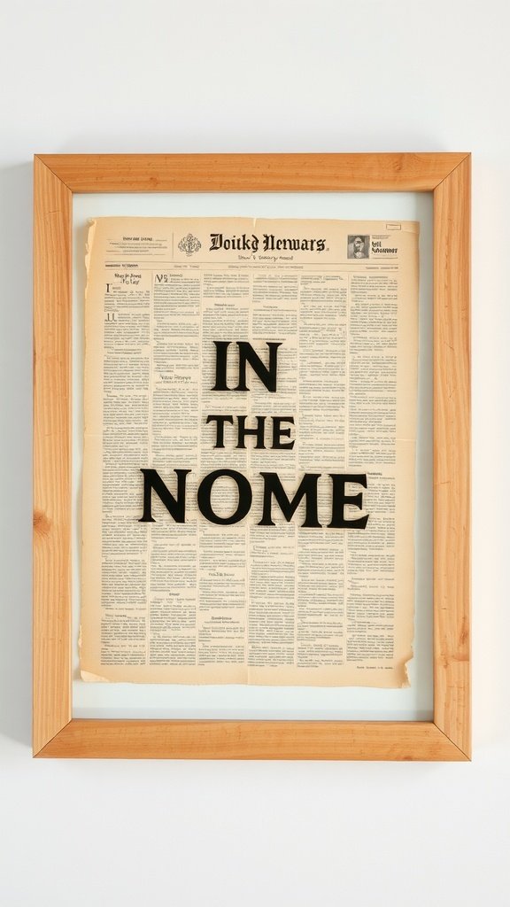 Framed newspaper collage featuring the words 'IN THE NOME' on a newspaper background.