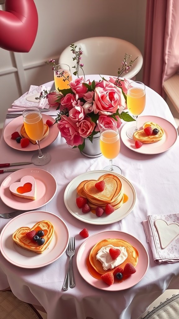 A beautifully set table for a Galentine's Day brunch, featuring heart-shaped pancakes, fresh fruit, and mimosa drinks.