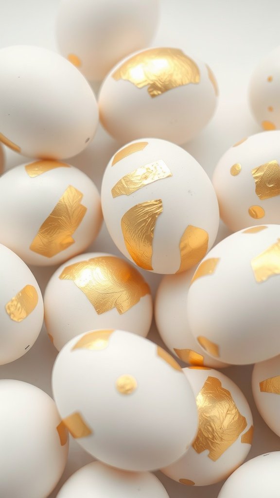 Decorated Easter eggs with white base and gold foil accents.