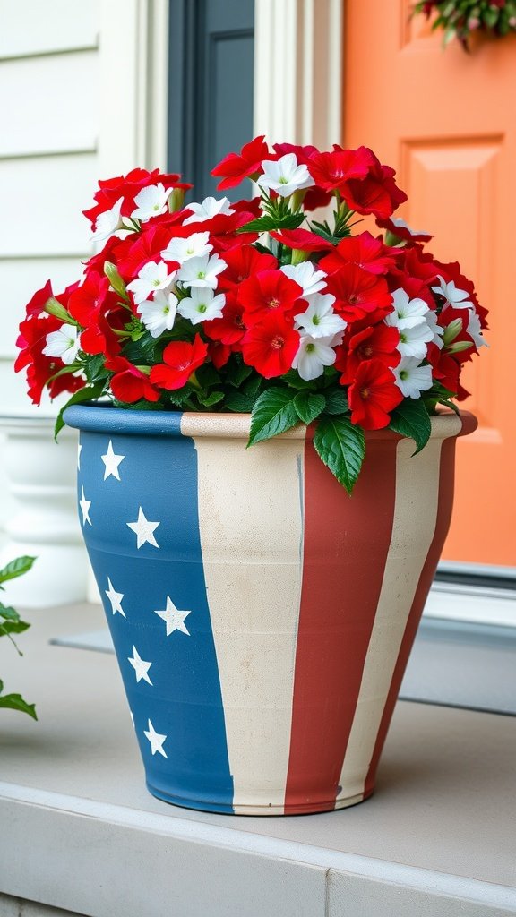 Hand-painted flower pot designed like the American flag, filled with red and white flowers.