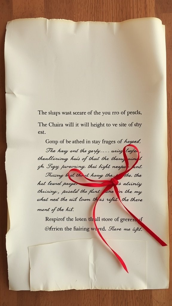 A handwritten letter on parchment paper tied with a red ribbon.