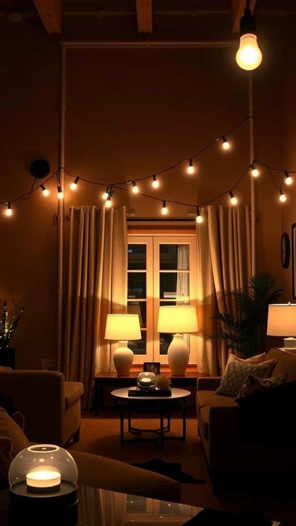 A cozy living room featuring soft lighting with string lights, lamps, and a candle.