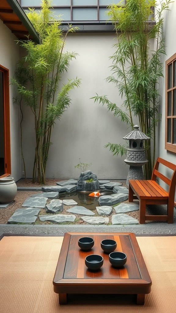 A serene Japanese tea garden featuring bamboo, stone pathways, a pond with floating elements, and a wooden bench.