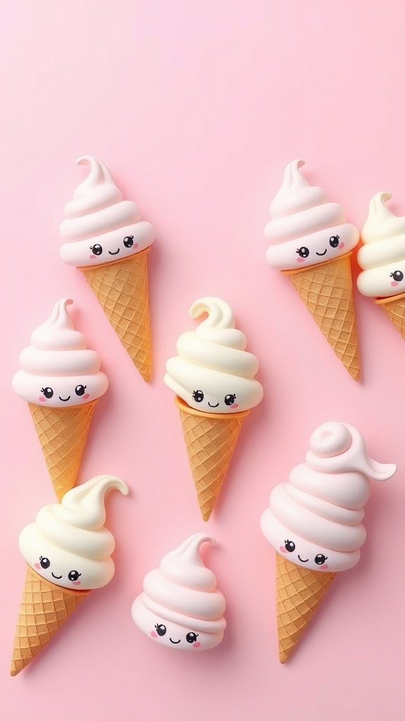 Cute pastel ice cream cones with smiling faces on a soft pink background.