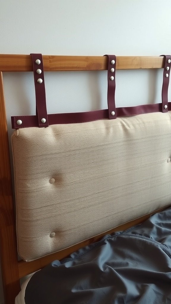 A leather strap headboard with a fabric cushion secured by maroon straps.