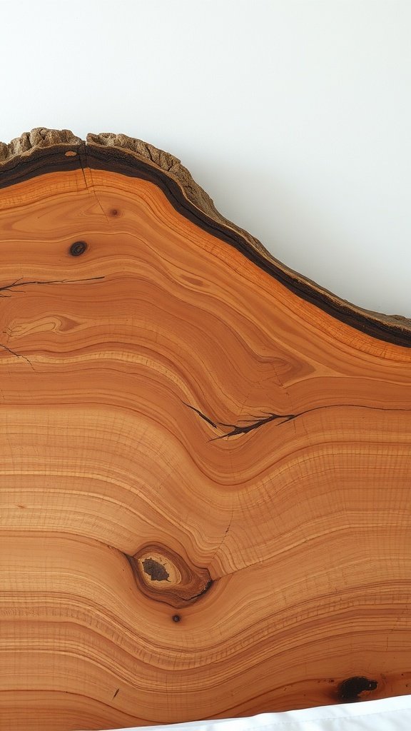 Live edge wood headboard with natural curves and warm tones