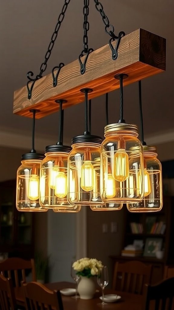 A stylish mason jar chandelier made from a wooden beam and several mason jars, illuminating a dining area.