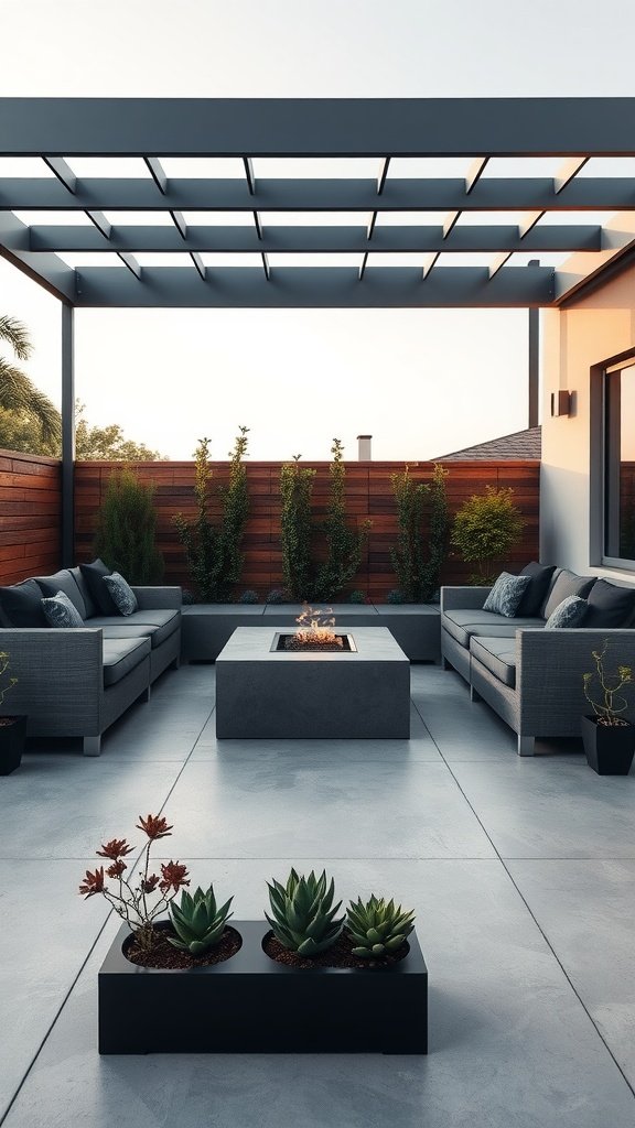 A modern outdoor patio featuring gray furniture, a central fire pit, and planters of succulents.