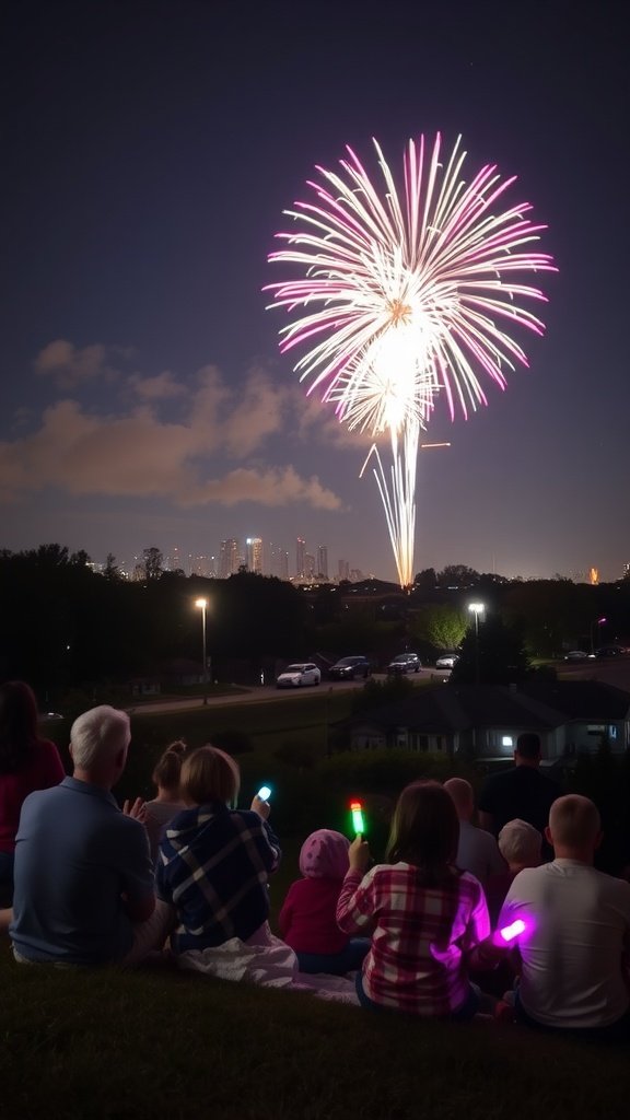 A family and friends gathering on a grassy hill, watching a colorful fireworks display in the night sky, with glowing sticks in hand.