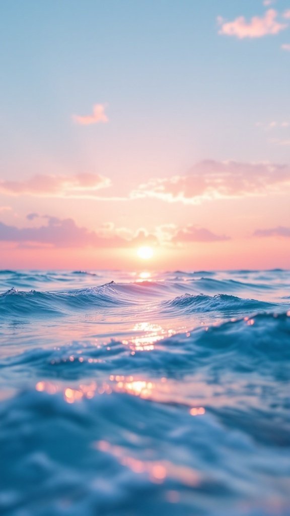 Pastel colored ocean waves during sunset