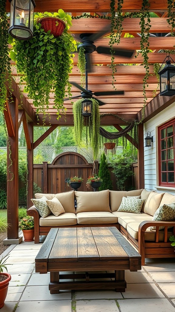 A cozy patio with a wooden pergola adorned with hanging plants, featuring a comfortable sofa and a rustic coffee table.