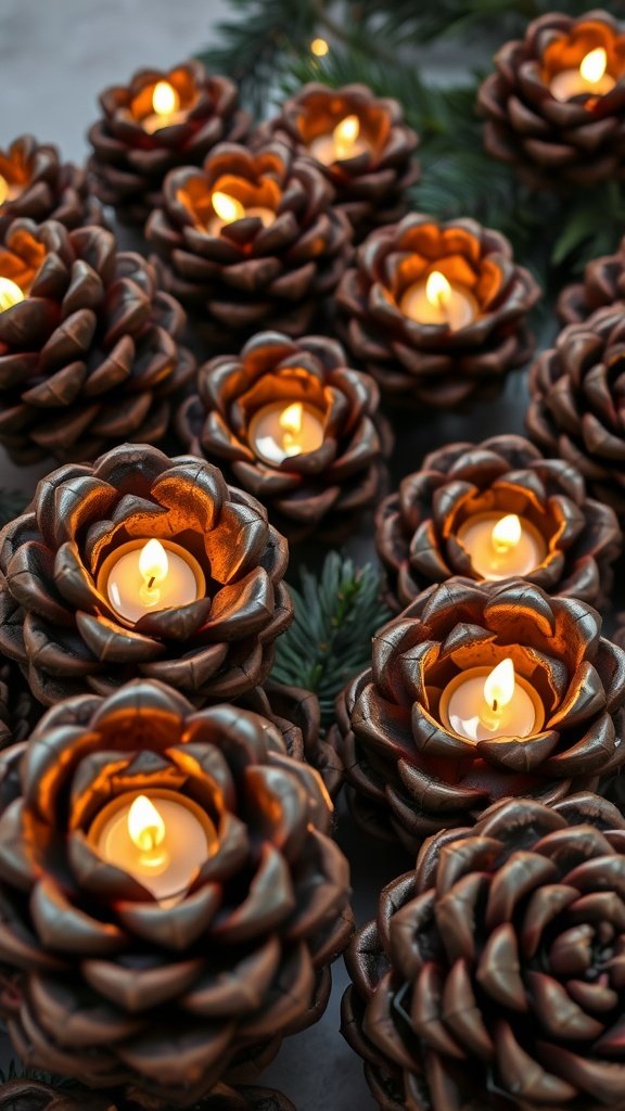 Decorative pinecone candle holders with lit candles