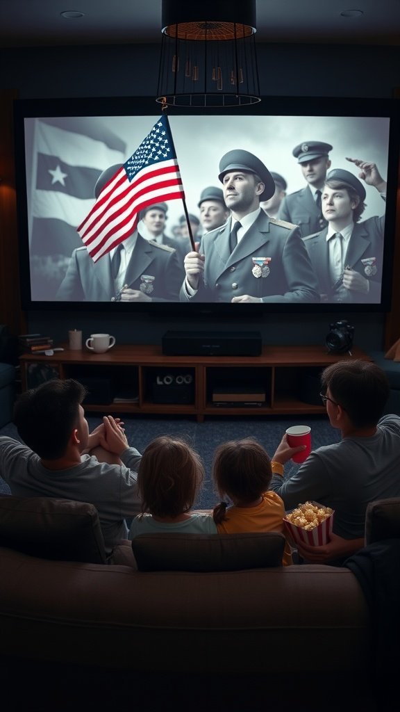 A family enjoying a history-themed movie night with a patriotic film on screen.