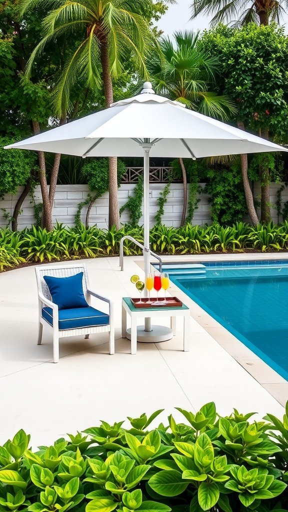 A relaxing poolside lounge with a blue chair, white umbrella, and colorful drinks.