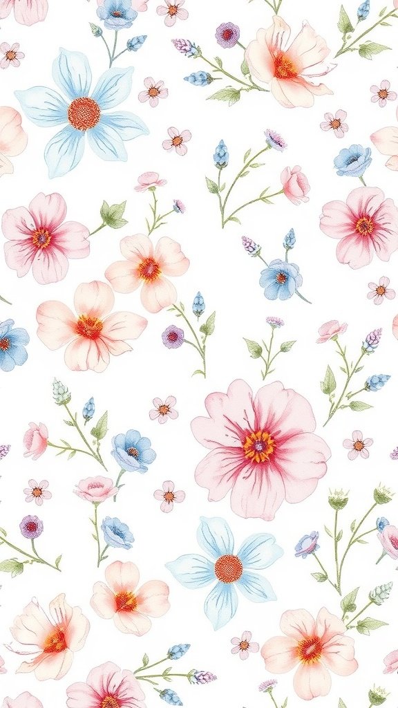 A pattern of delicate powder blue and pastel flower designs on a white background.