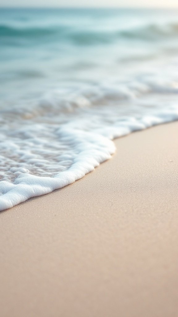 A soft beach shoreline with gentle waves lapping against the shore.