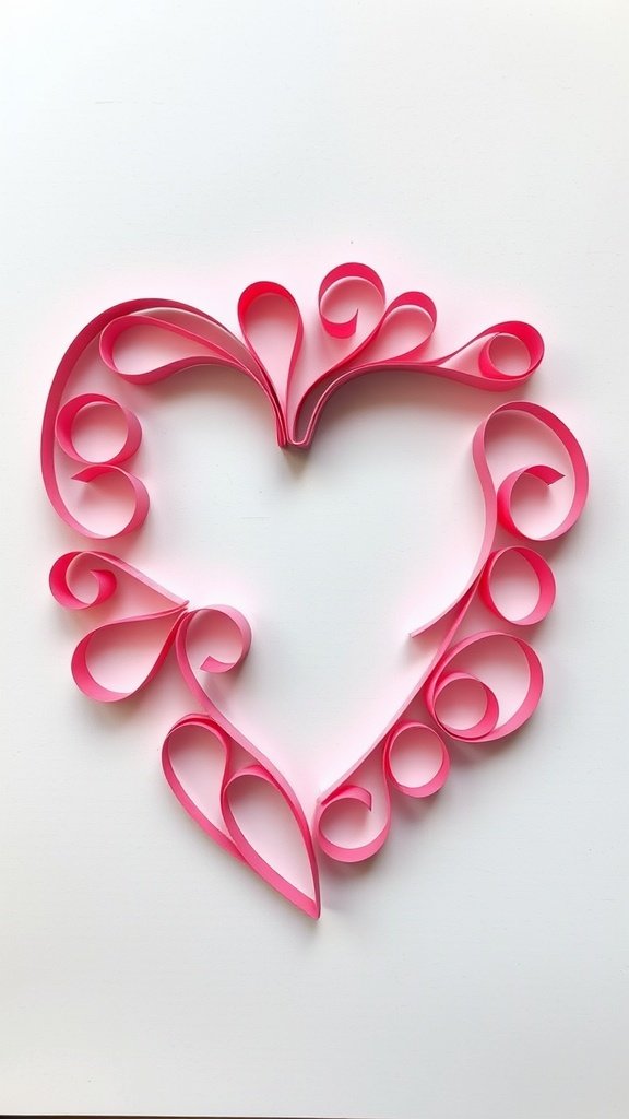 A beautifully crafted quilled paper heart made from pink paper strips, arranged elegantly on a white background.