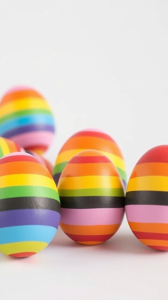 A collection of colorful rainbow-striped eggs displayed together.