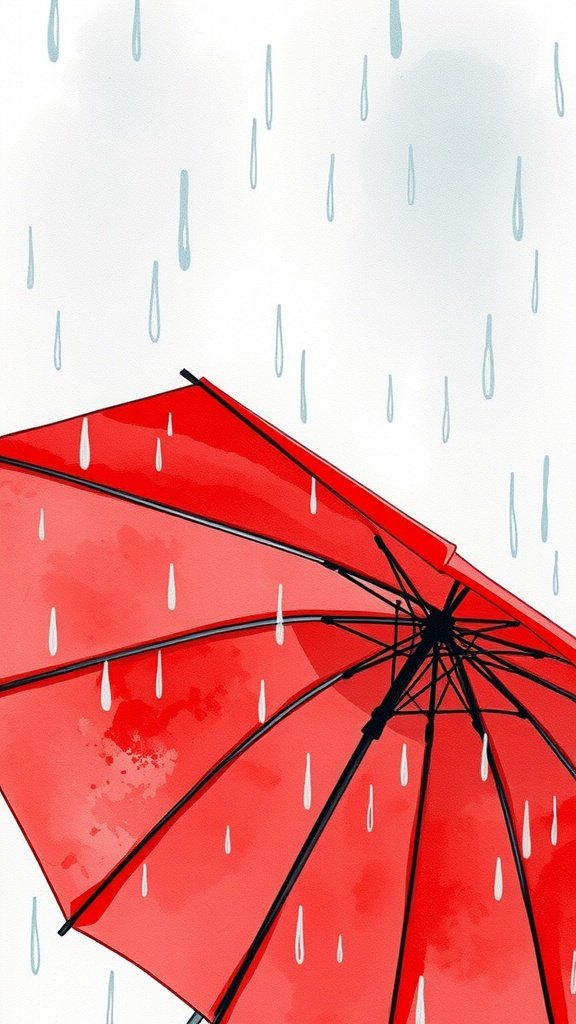 Watercolor illustration of a red umbrella with rain falling around it